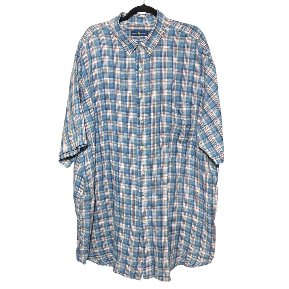 Ralph Lauren 100% Linen Blue Plaid SS Button Up Shirts Size 3XLT Preppy Pony